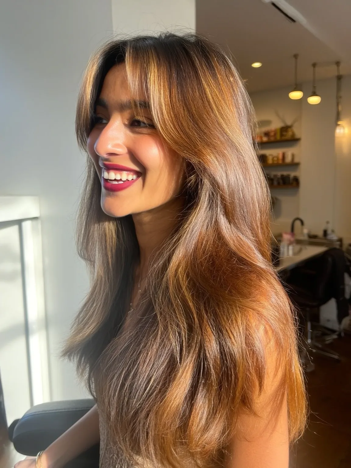 Golden Brown Balayage Waves with Curtain Bangs