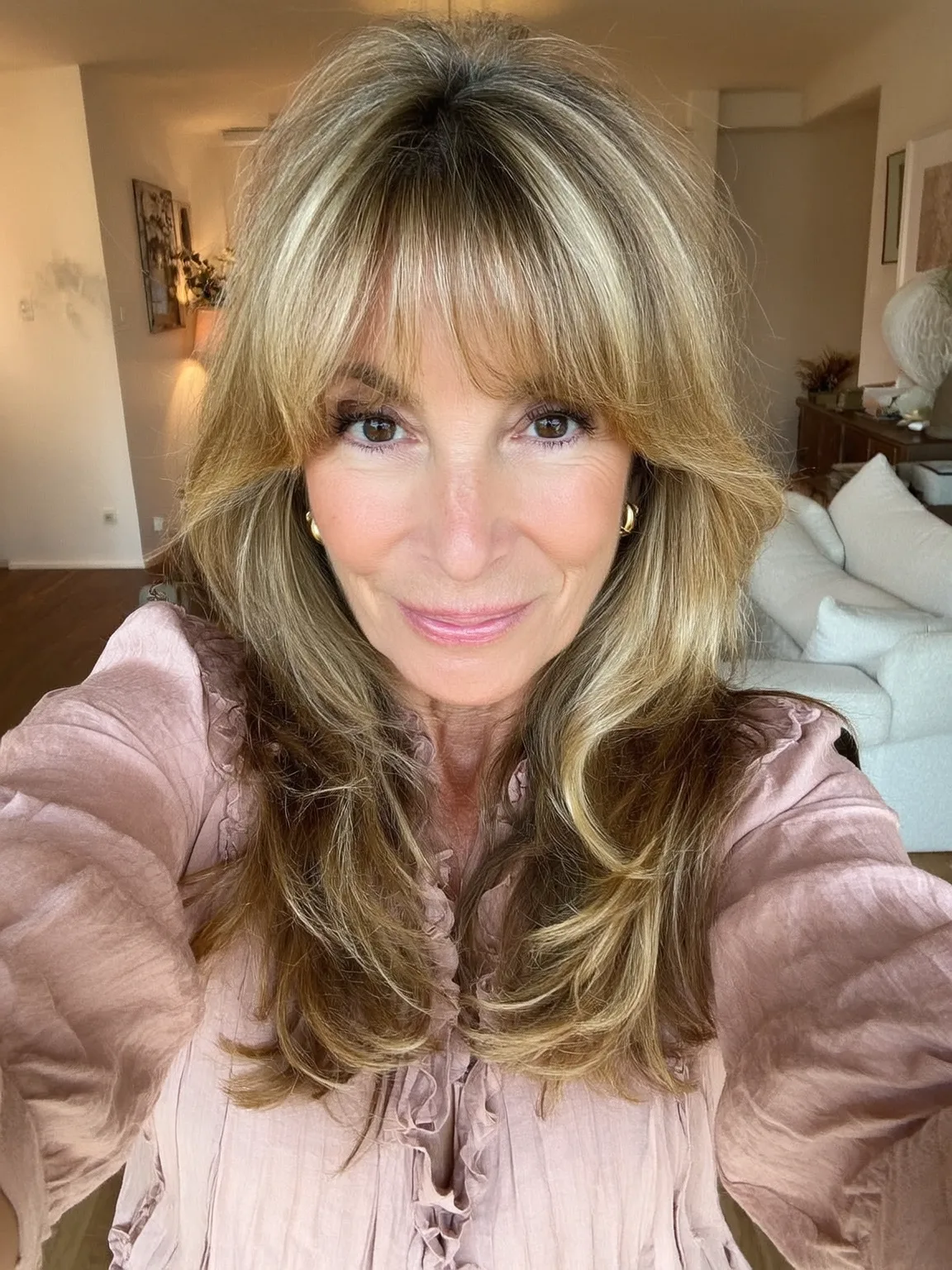 Honey Blonde Balayage Wavy Layers with Wispy Bangs