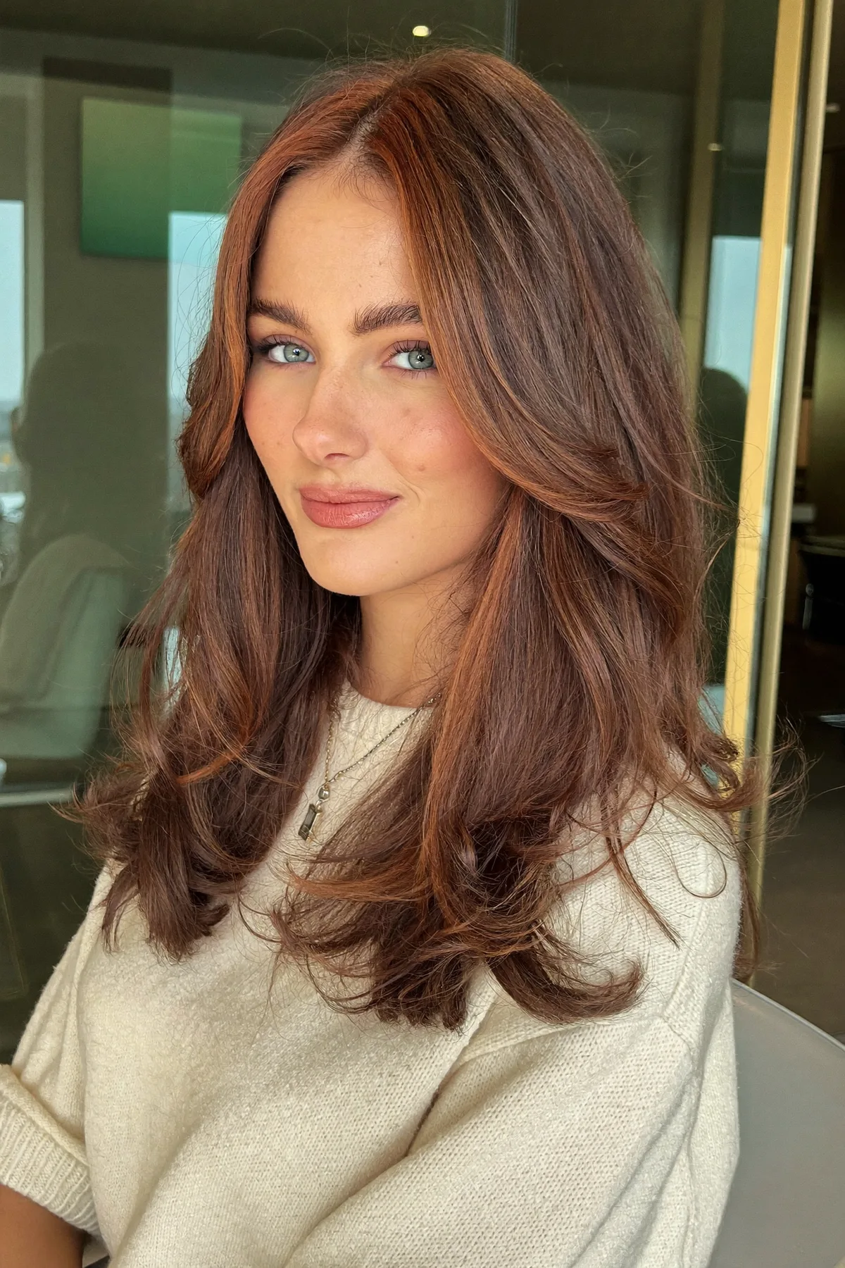 Auburn Copper Long Layered Waves for Mid-Back Length Hair
