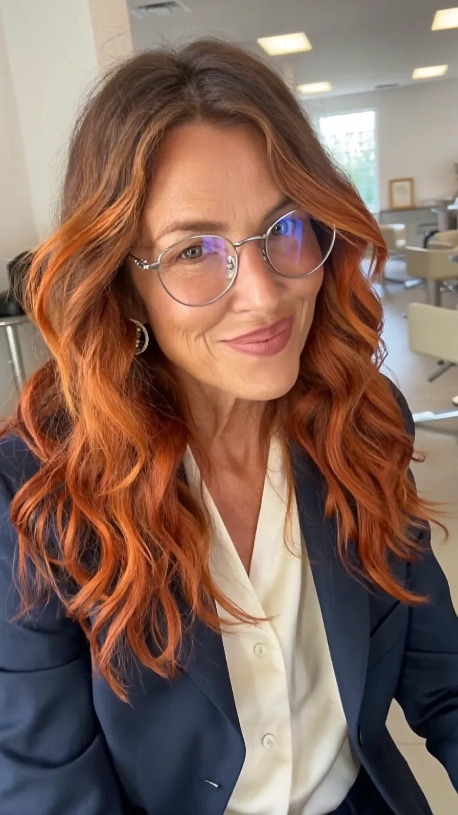 Voluminous Wavy Long Layers with Vibrant Copper Red Tone