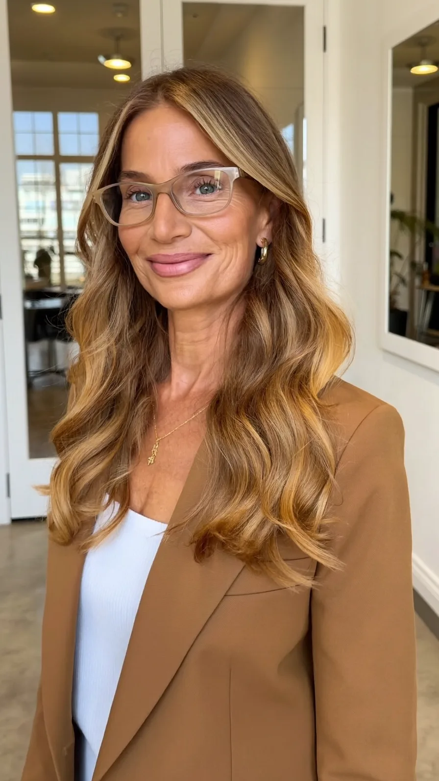 Long Layered Warm Caramel Brown Hair with Curtain Bangs