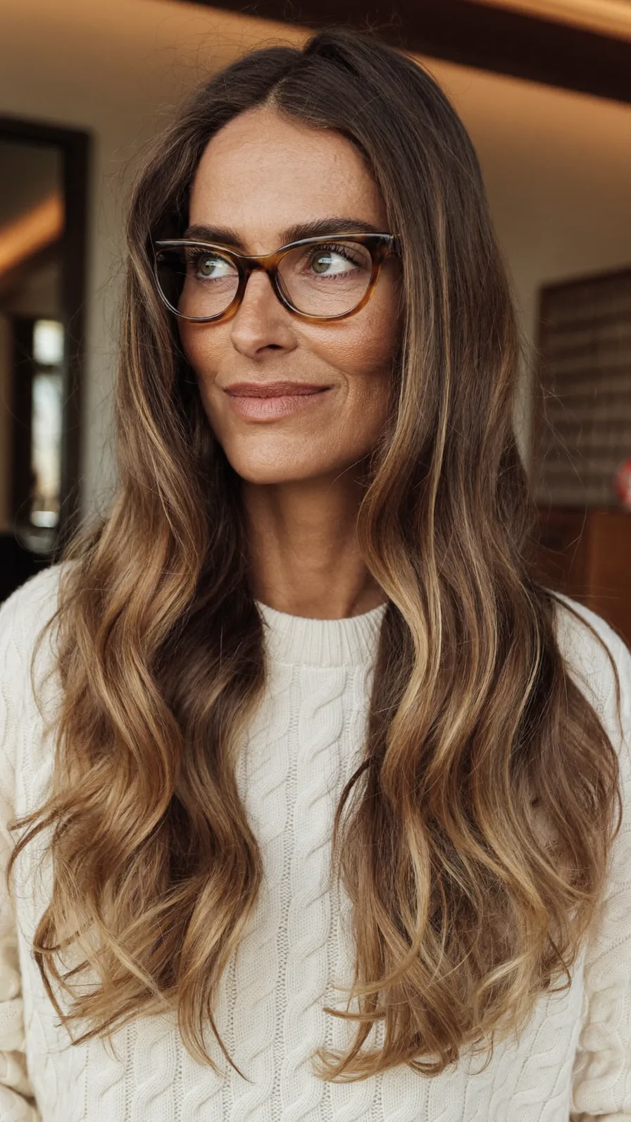Long Layered Waves with Warm Caramel Blonde Balayage Highlights