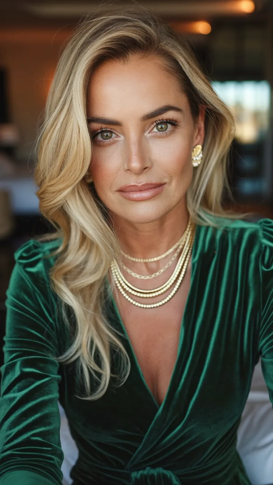 Elegant Honey Blonde Long Layers with Side-Swept Flowing Waves