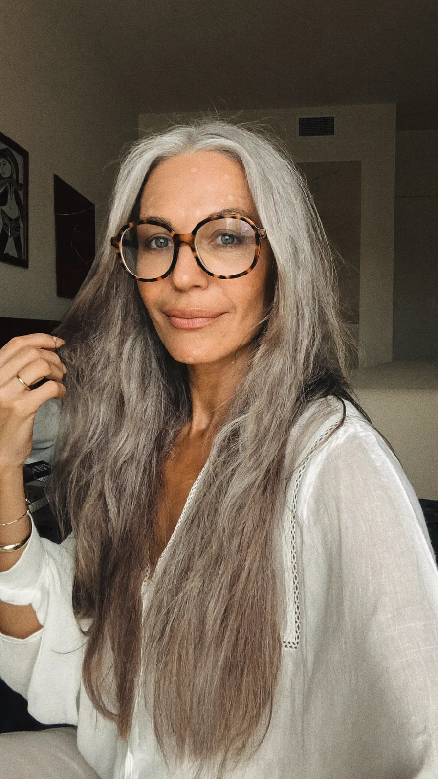 Elegant Natural Silver Long Layers with Soft Textured Waves