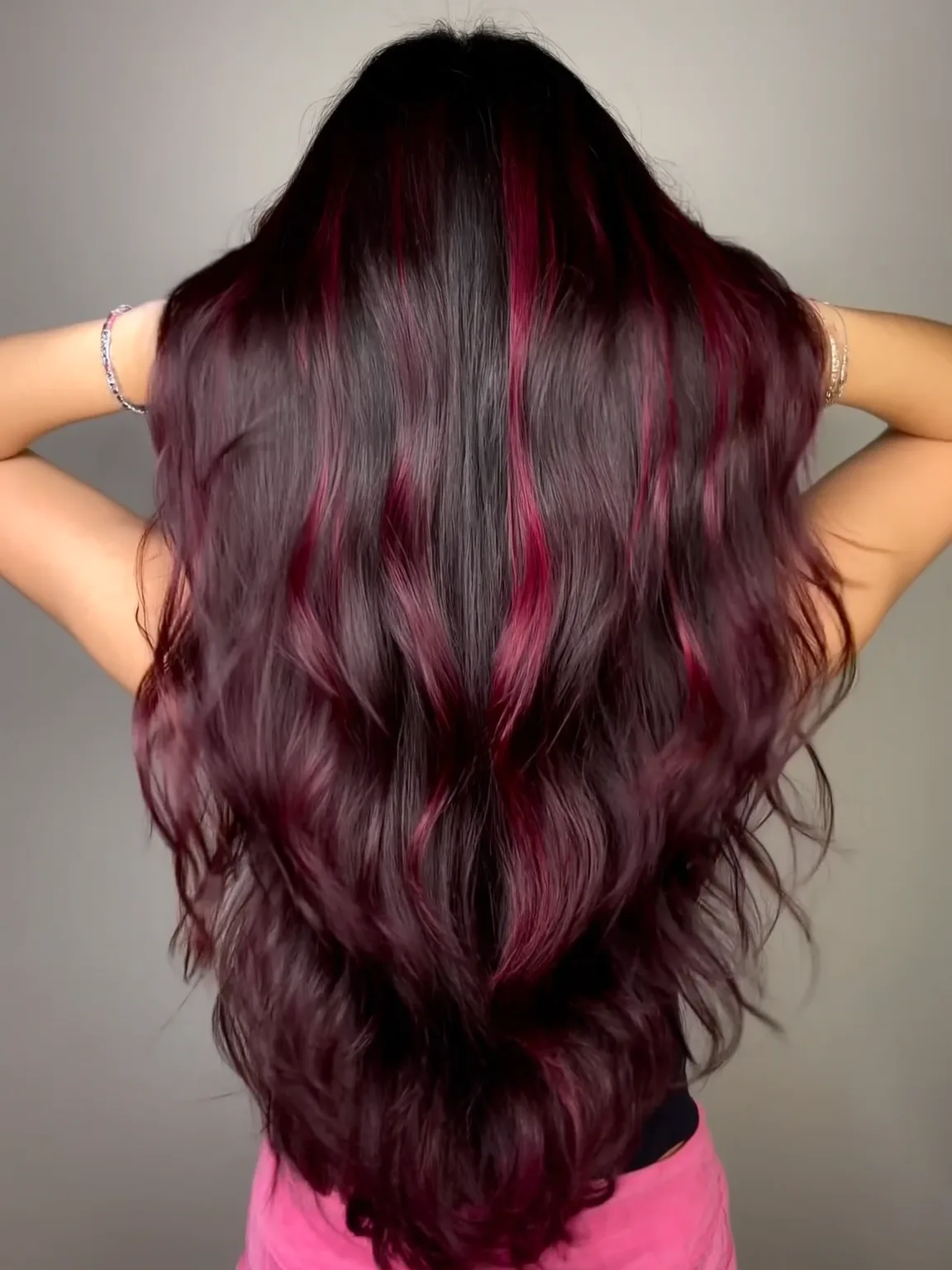Deep Burgundy Long Layers with Magenta Highlights