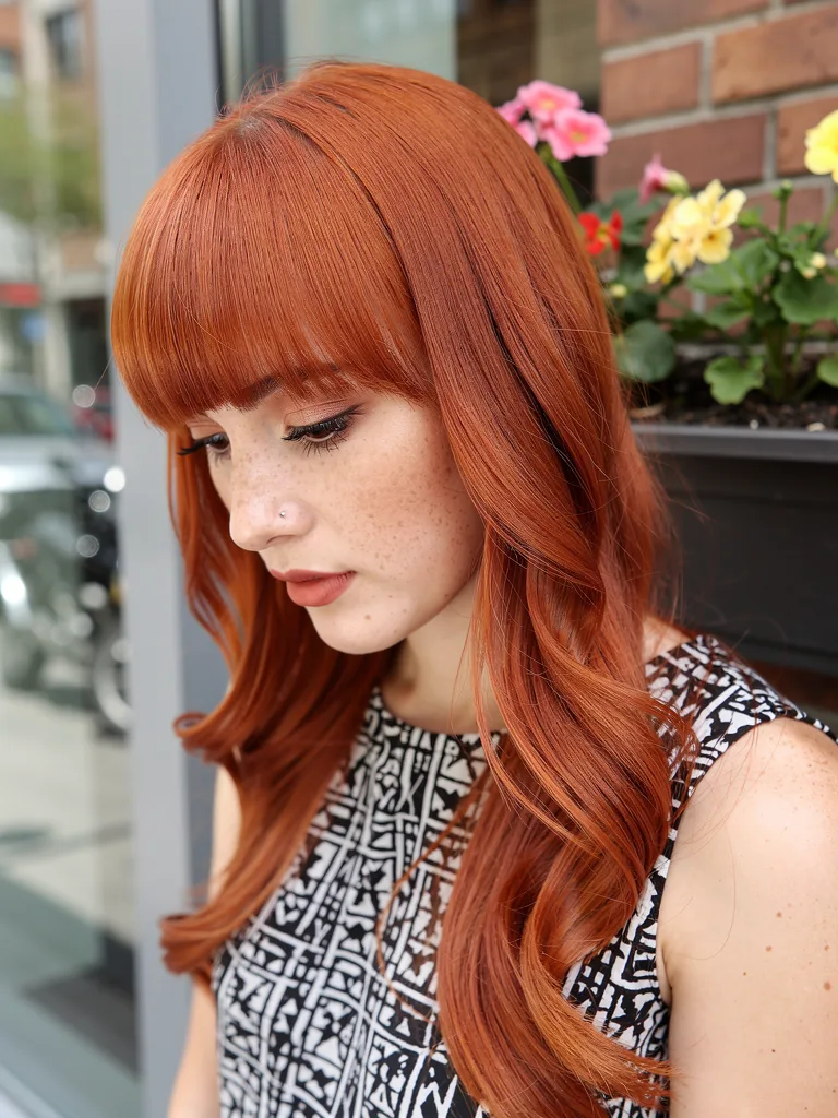 Vibrant Copper Red Waves with Blunt Bangs
