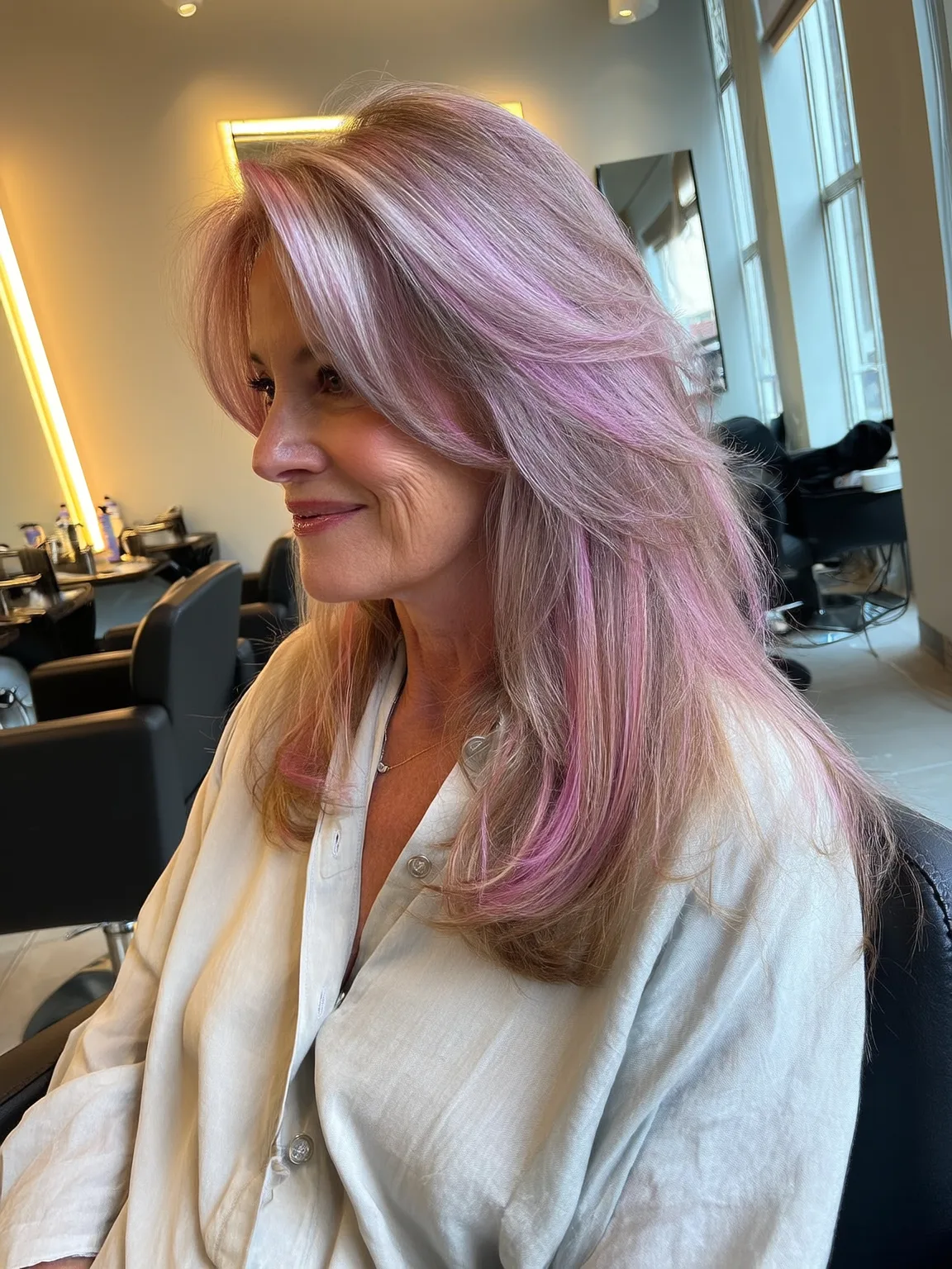 Pastel Rose Balayage Layers with Voluminous Wavy Texture