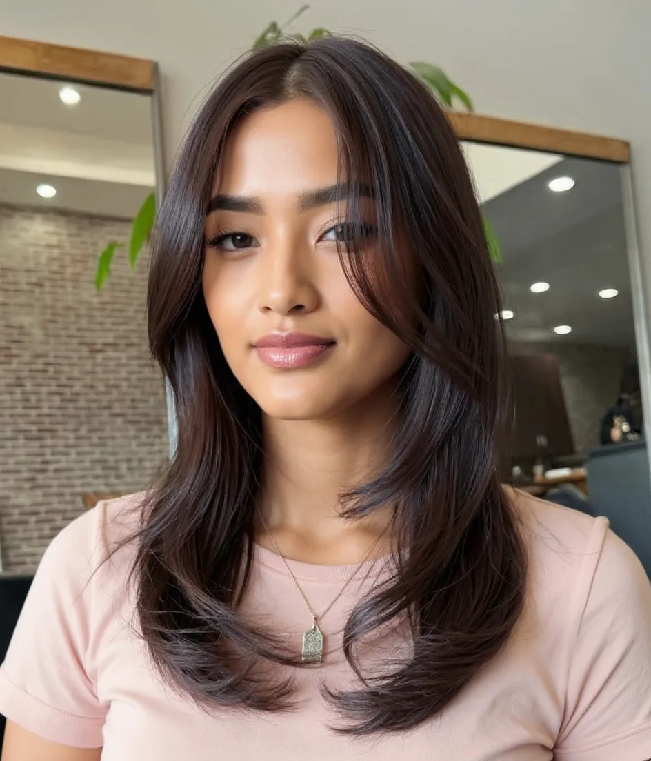 Rich Espresso Brown Straight Layers with Curtain Bangs