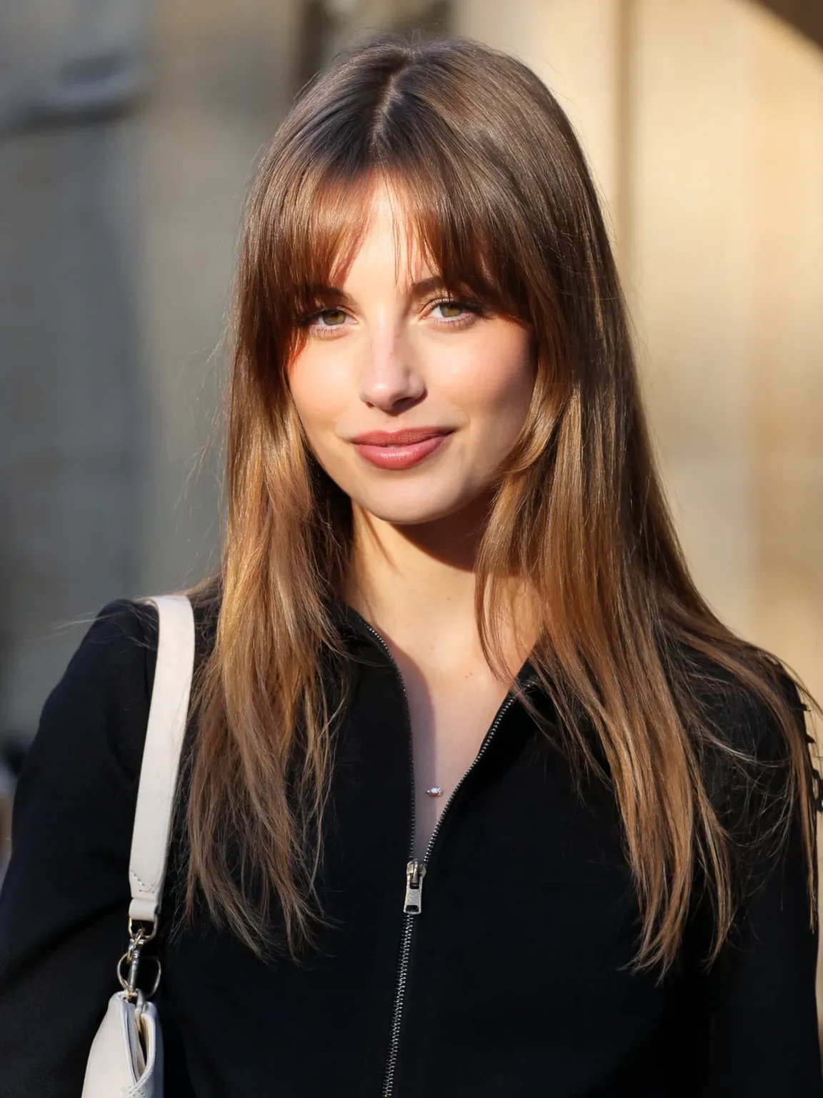 Warm Caramel Brown Straight Layers with Curtain Bangs