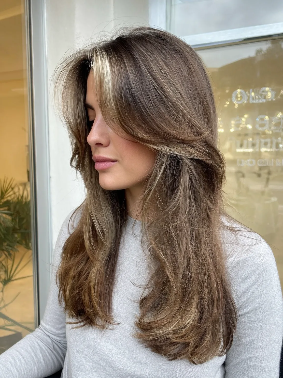 Soft Ash Brown Layers with Warm Blonde Highlights and Long Bangs