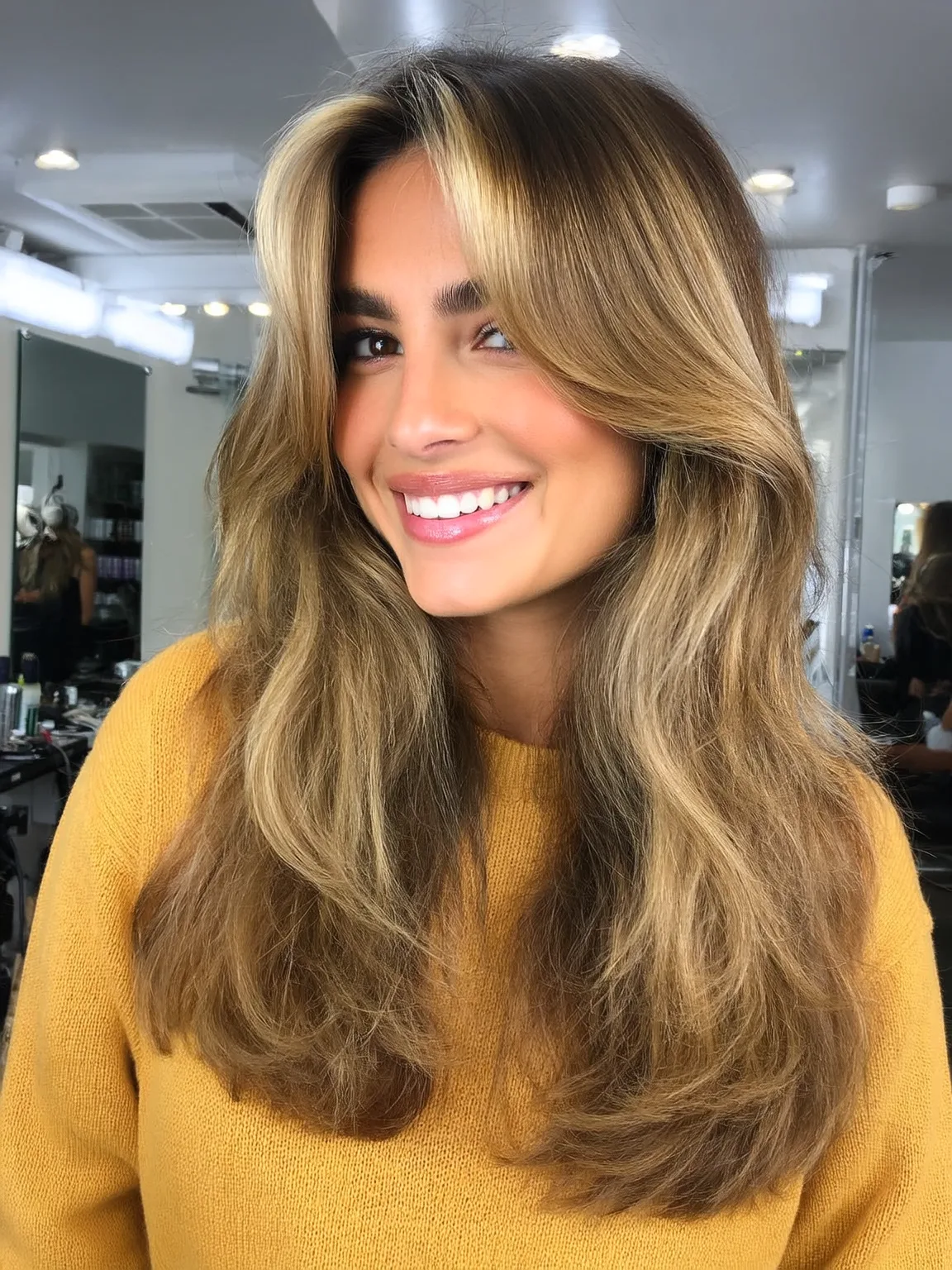 Honey Blonde Balayage with Curtain Bangs and Full Volume