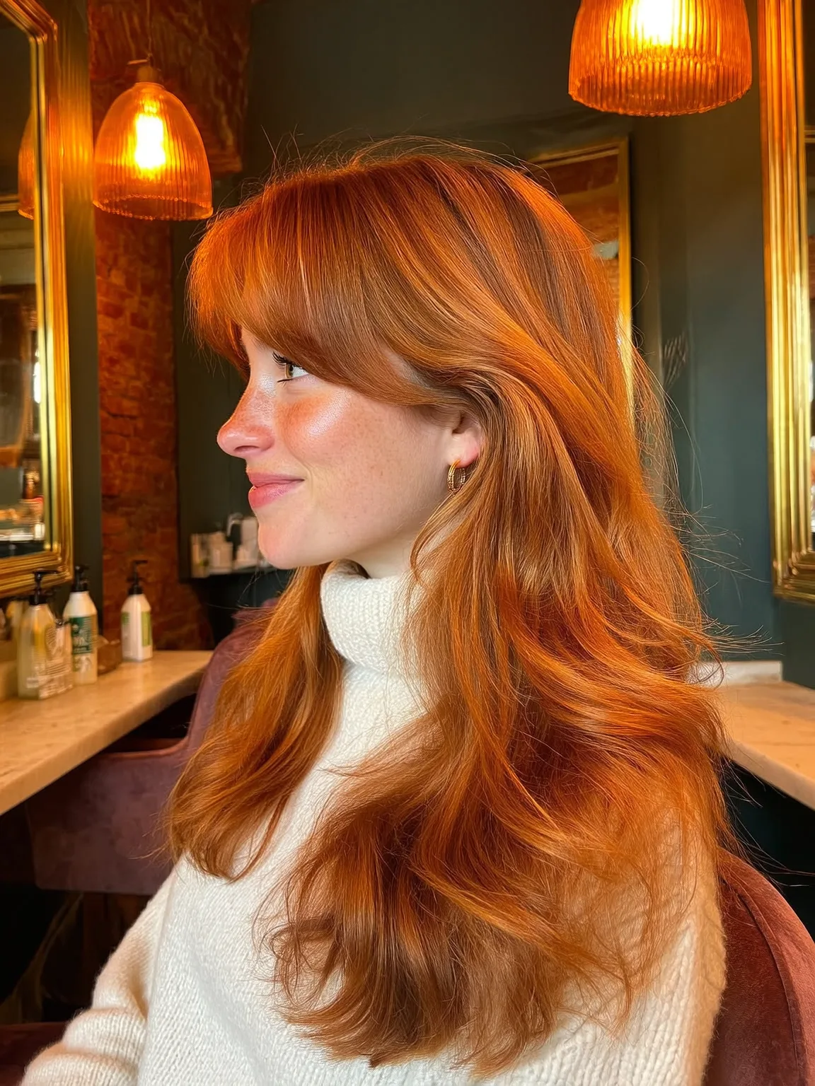 Voluminous Copper Red Layers with Curtain Bangs