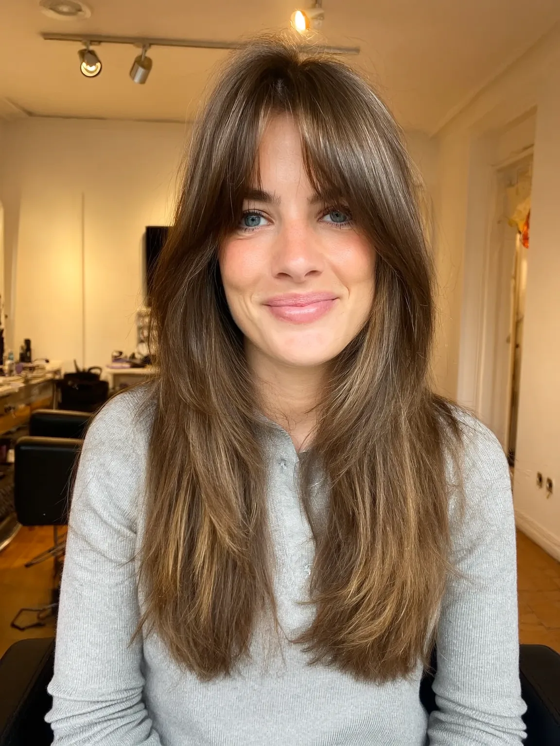 Golden Brown Straight Layers with Curtain Bangs