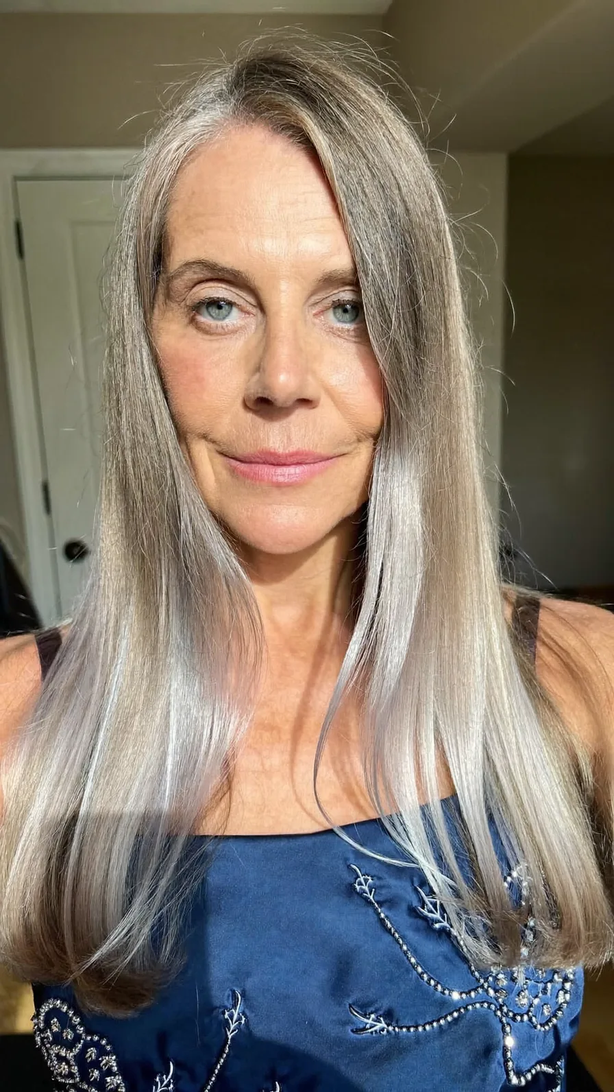 Elegant Long Silver Layers with Side Part and Rounded Ends