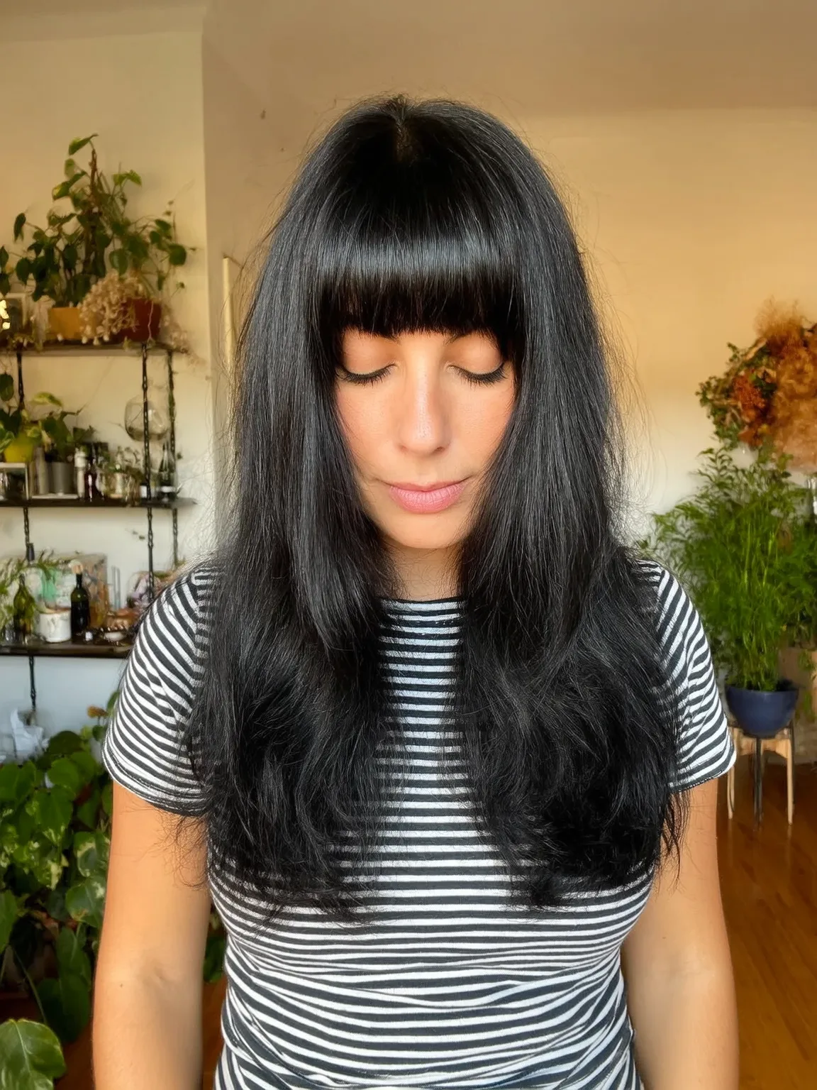 Midnight Black Layers with Blunt Bangs