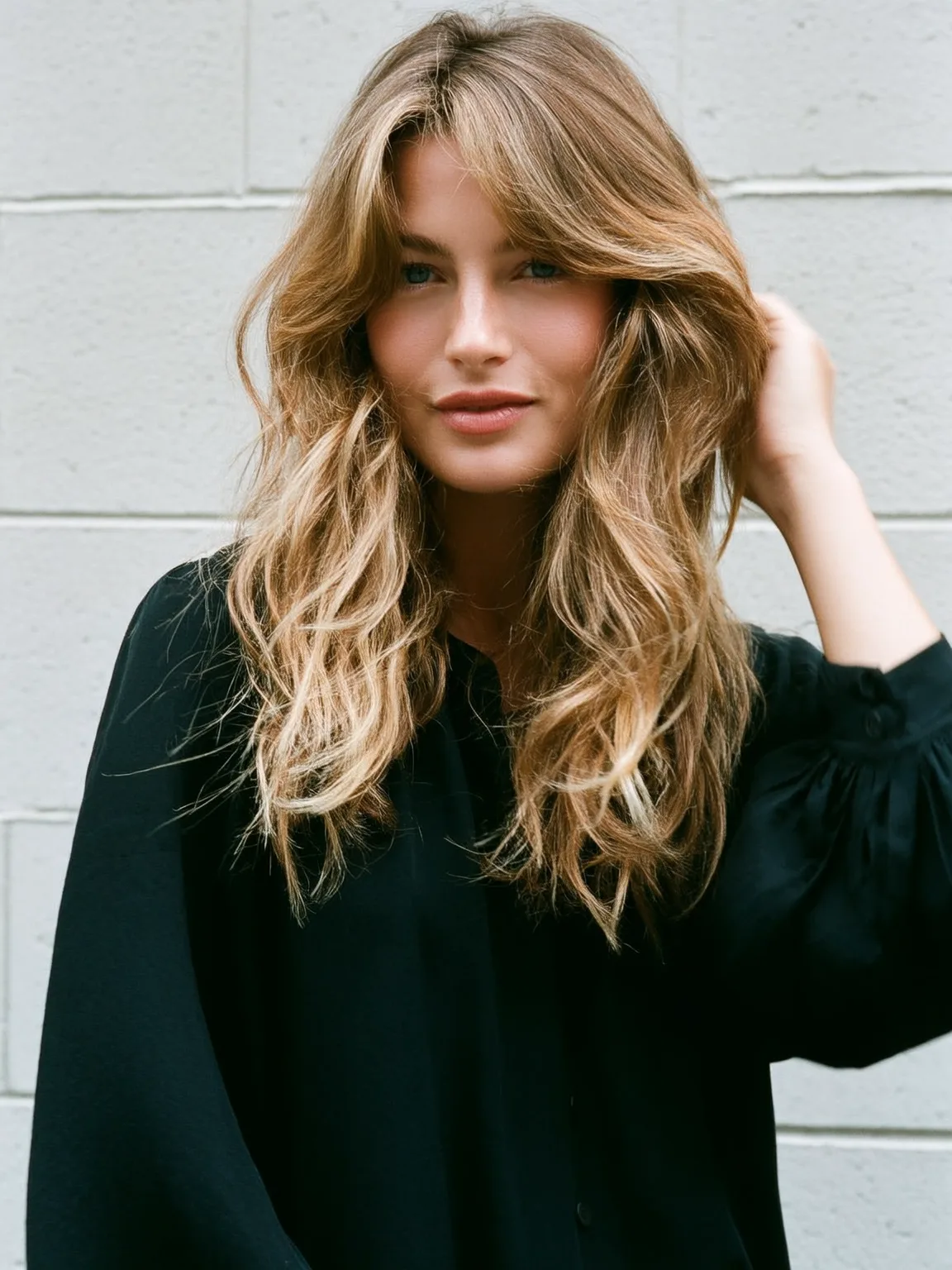 Sandy Blonde Balayage Waves with Voluminous Curtain Bangs