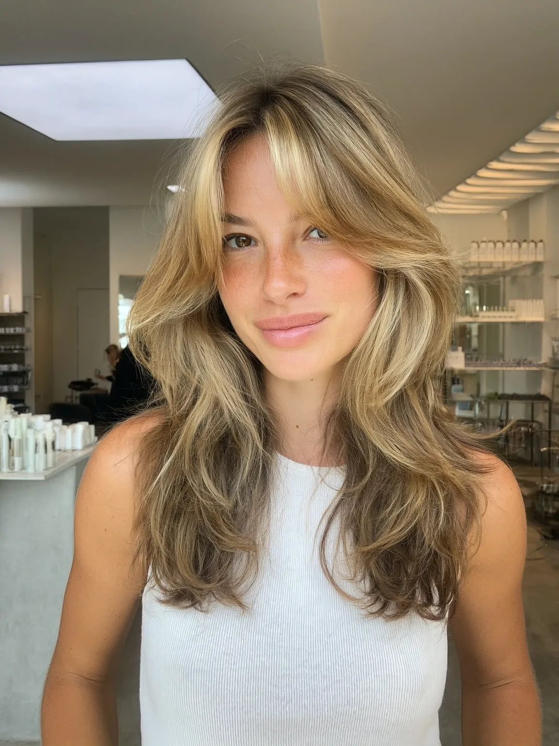 Sandy Blonde Balayage Layers with Curtain Bangs and Medium Volume