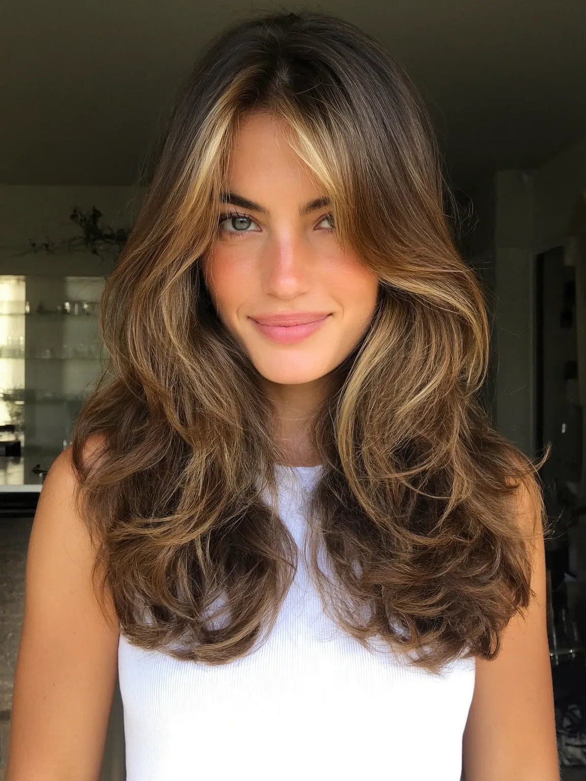 Voluminous Honey Blonde Balayage Waves with Curtain Bangs