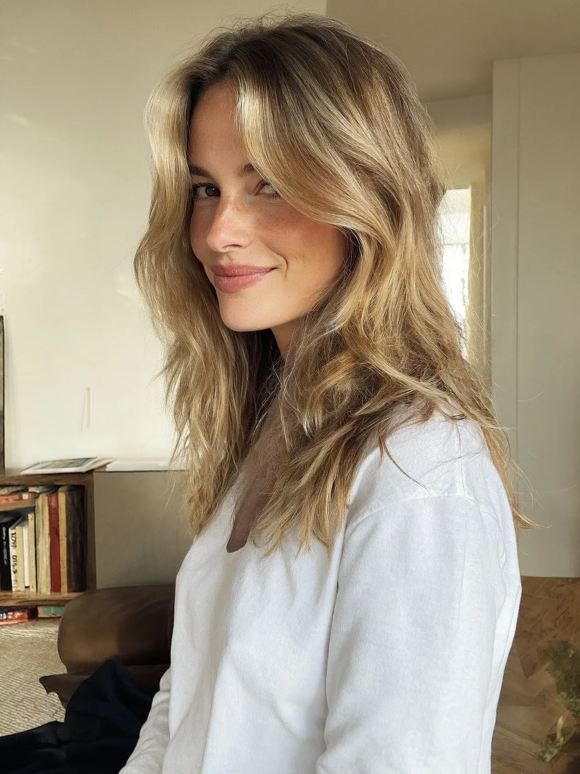Voluminous Wavy Sandy Blonde Layers with Curtain Bangs