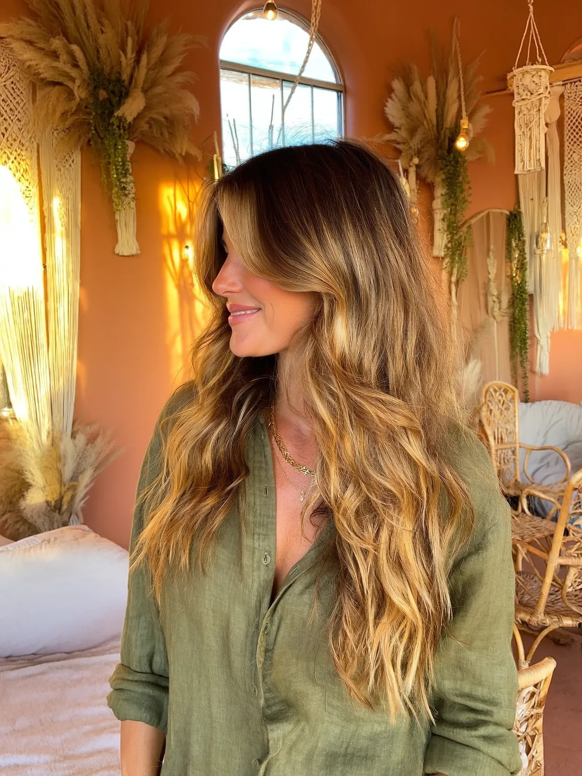 Sandy Blonde Balayage with Curtain Bangs and Volume