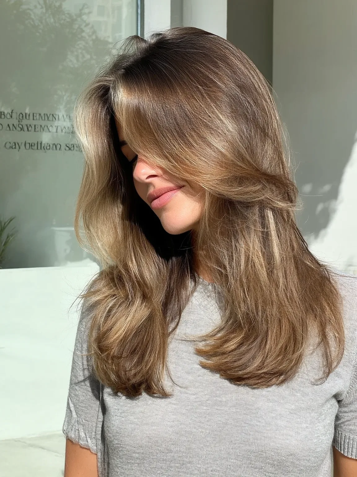 Medium Volume Warm Caramel Brown Layers with Side-Swept Bangs