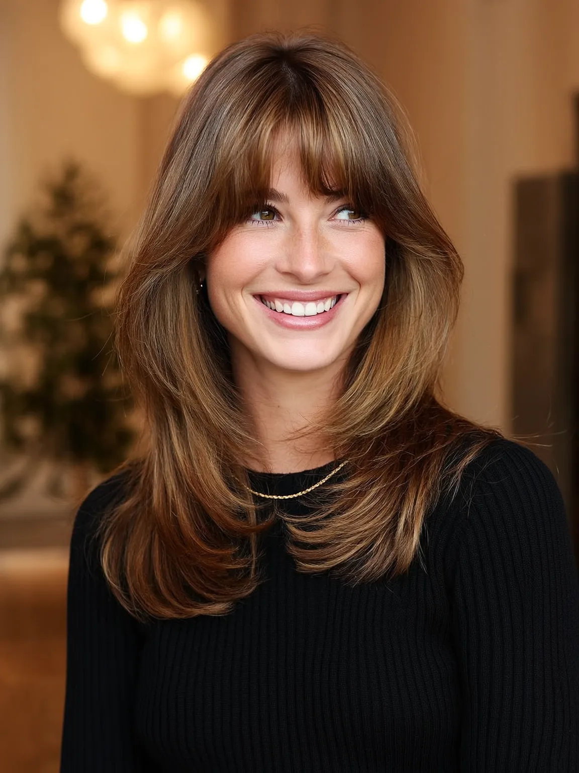 Long Wavy Caramel Layers with Curtain Bangs