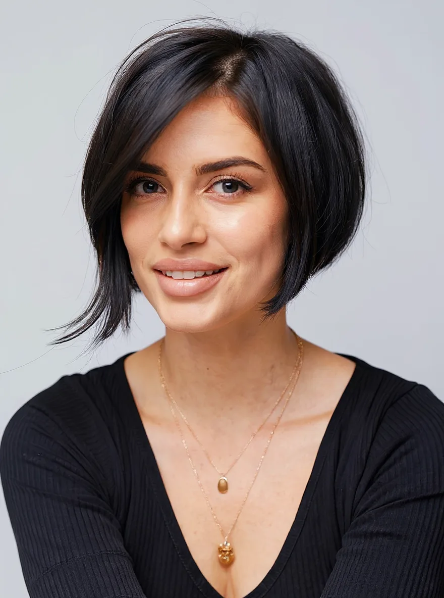 Straight Deep Ebony Black Bob with Side-Swept Bangs