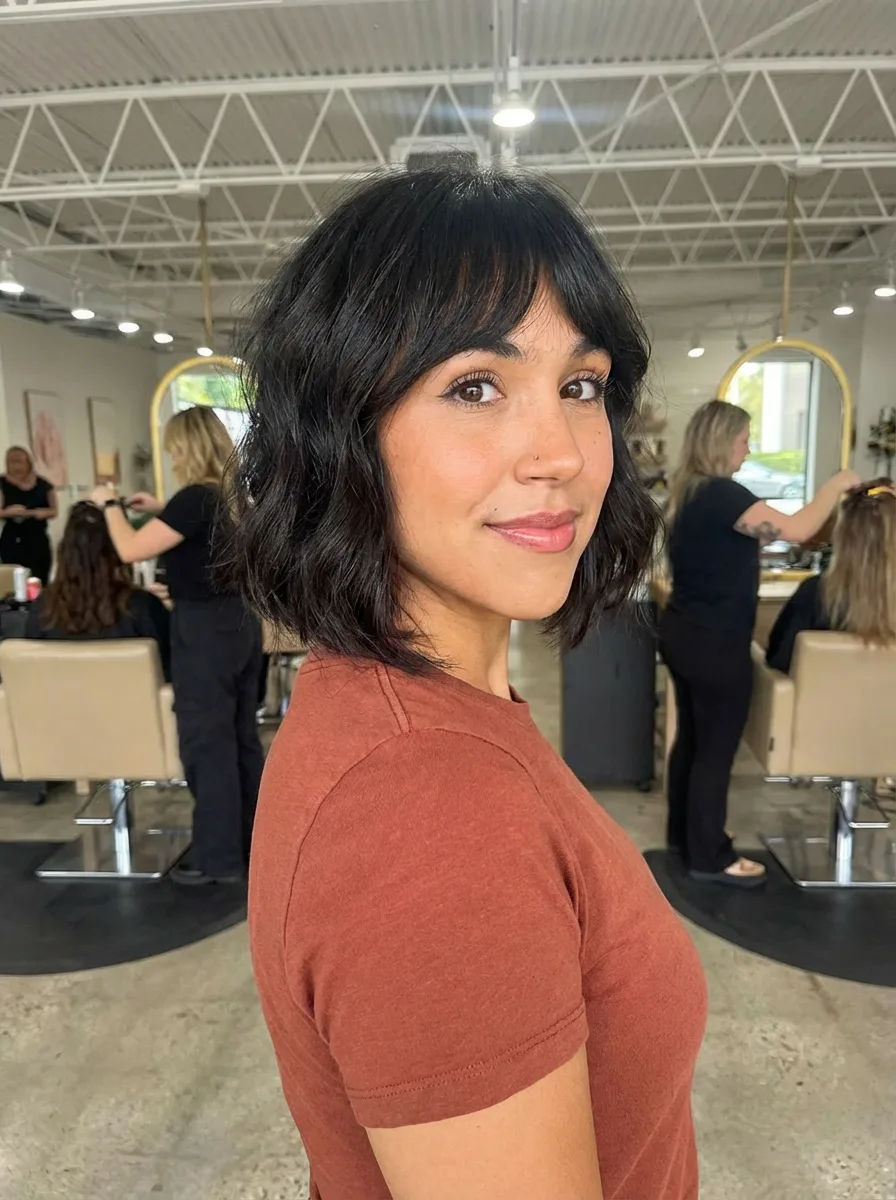 Wavy Soft Raven Black Bob with Micro Bangs