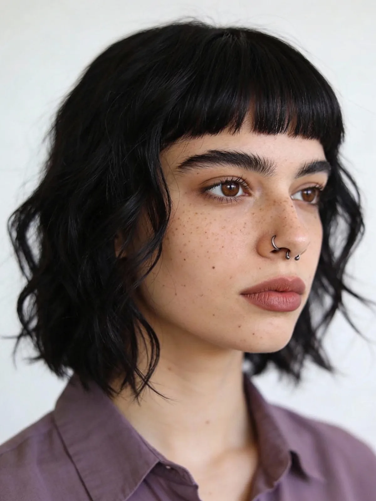Wavy Chin-Length Deep Onyx Black Bob with Micro Bangs