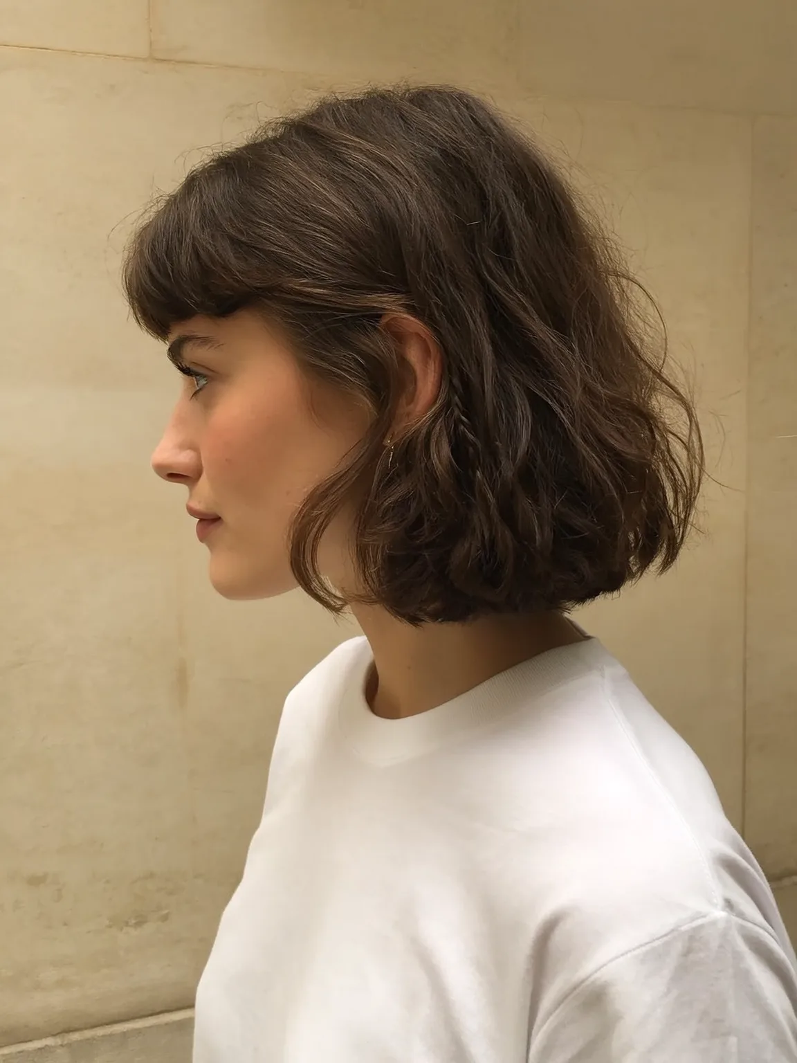 Short Wavy Chestnut Brown Bob with Blunt Bangs