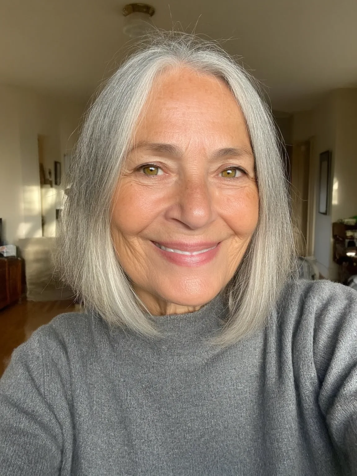 Shoulder-Length Silver Frost Bob with Natural Flow