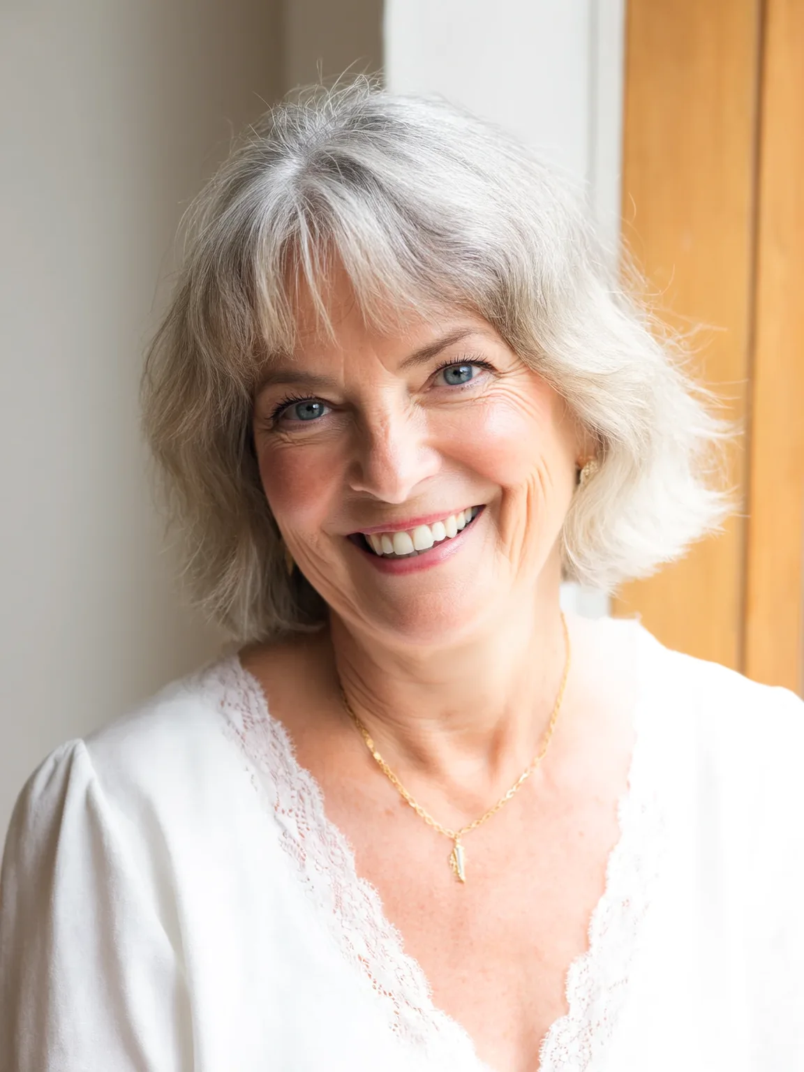 Wavy Silver Frost Bob with Wispy Bangs