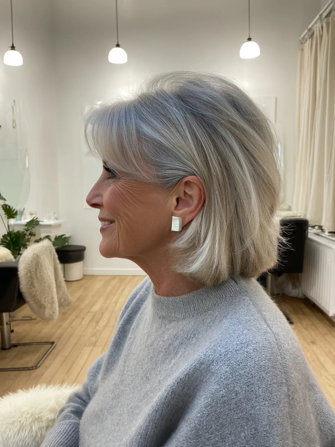 Chin-Length Silver Frost Bob with Side-Swept Bangs