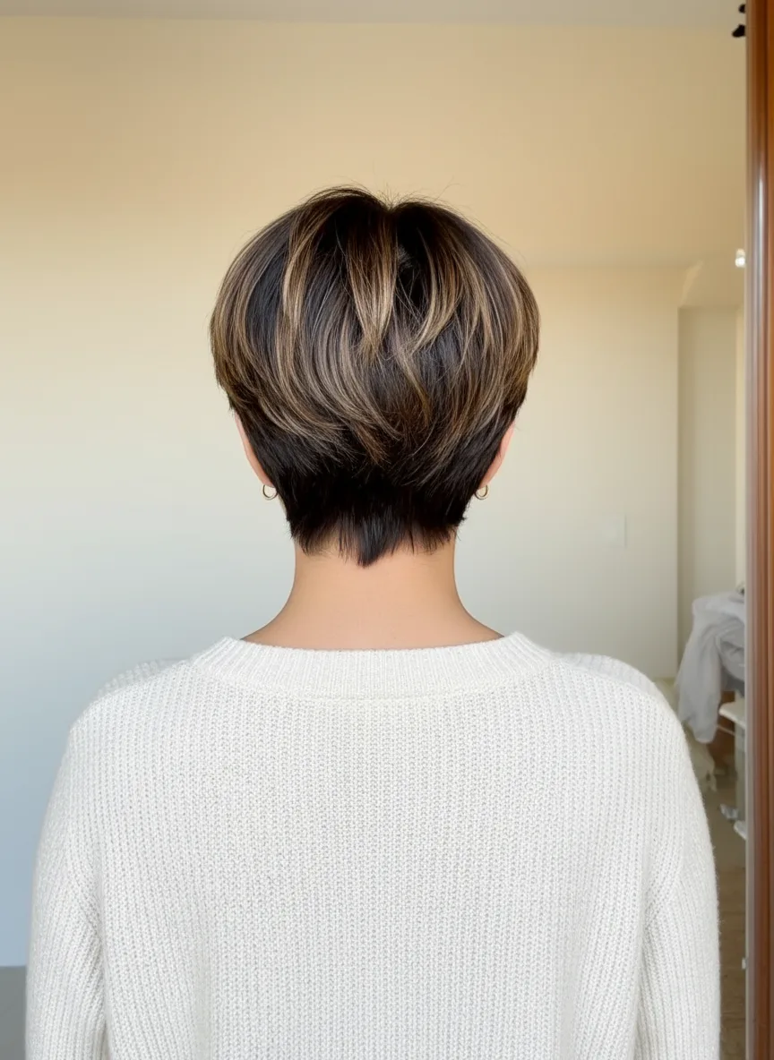 Chocolate Brown Wavy Pixie with Honey Blonde Highlights