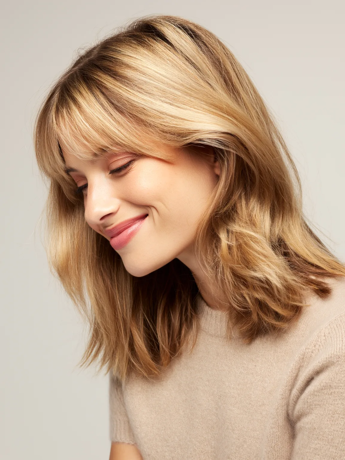 Soft Honey Blonde Balayage Wavy Lob with Curtain Bangs