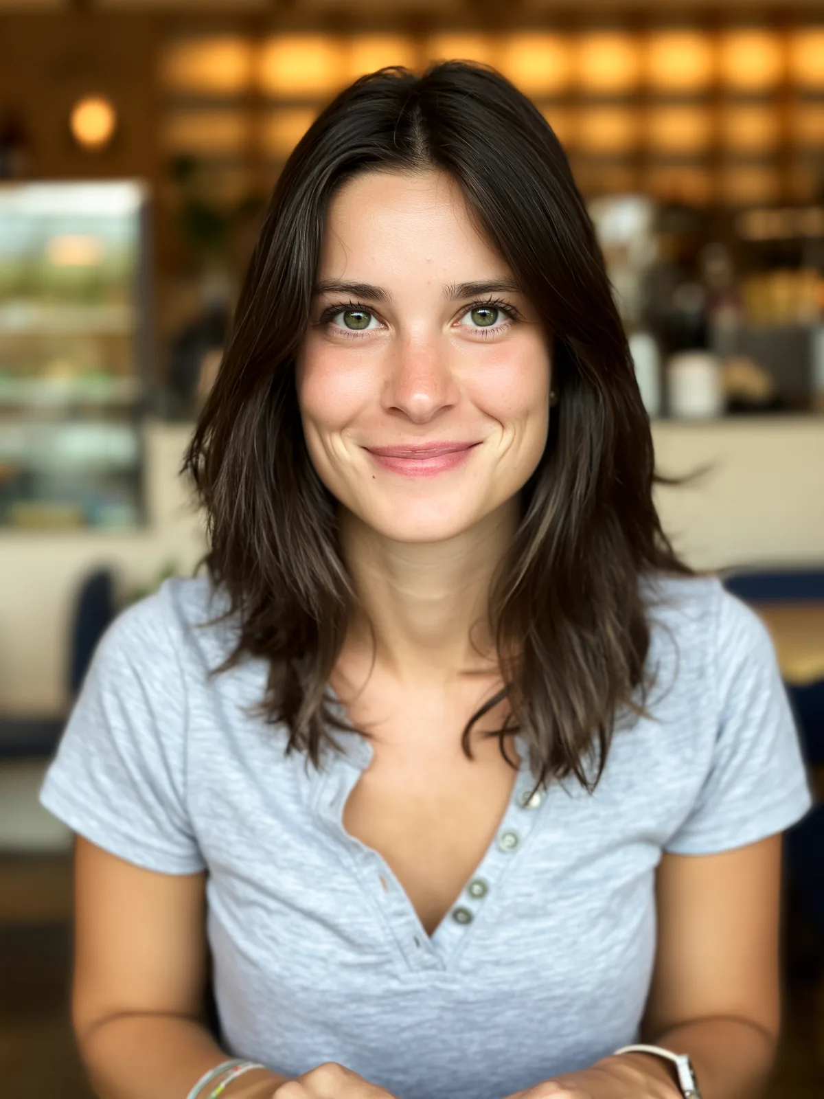 Shoulder-Length Dark Chocolate Brown Layers with Waves