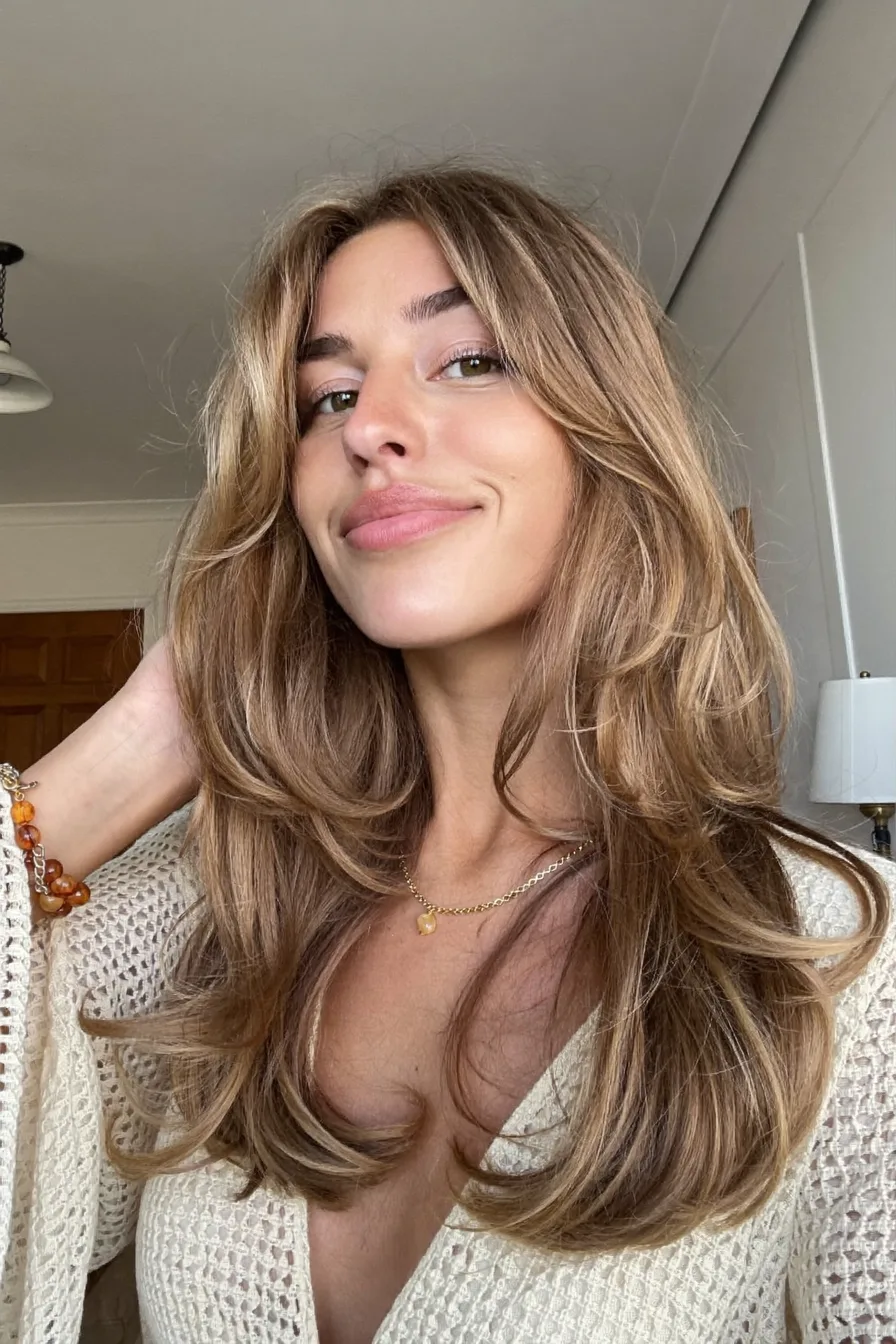 Voluminous Caramel Brown Long Layered Blowout With Face-Framing Pieces