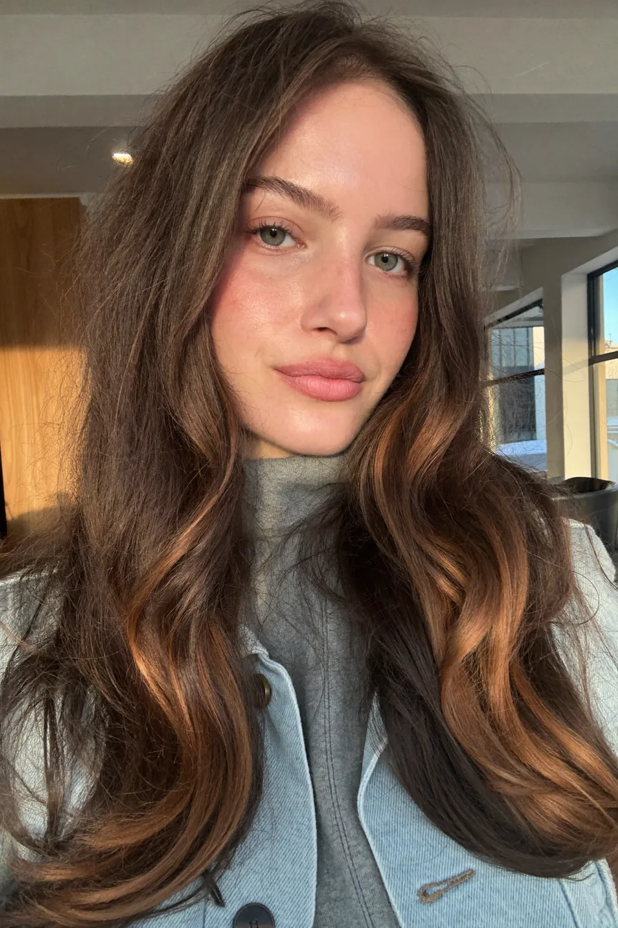 Sun-Kissed Caramel Brown Long Layered Waves for Dimensional Style