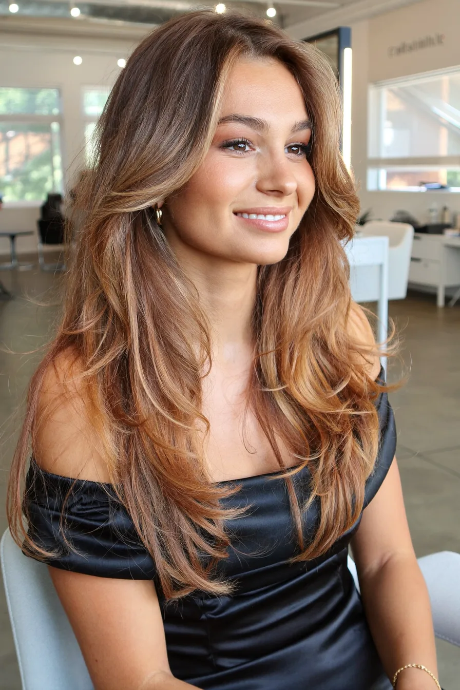 Face-Framing Caramel Brown Long Layered Haircut for Natural Volume