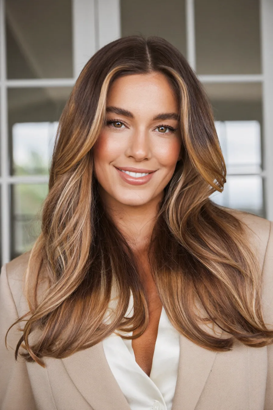 Caramel Brown Long Layered Haircut with Face-Framing Highlights