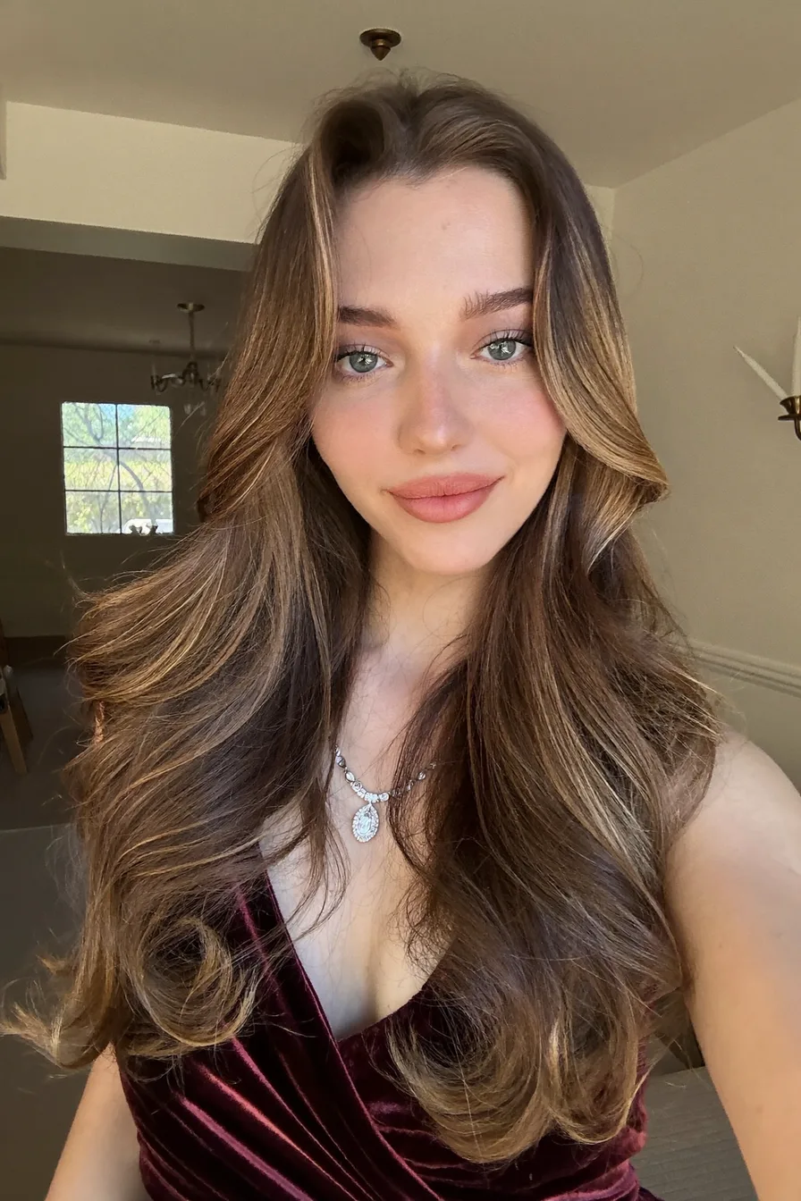 Soft Blowout Caramel Brown Long Layered Hair with Face-Framing Layers