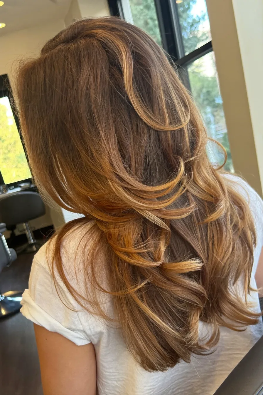 Face-Framing Caramel Brown Long Layered Cut for Effortless Volume