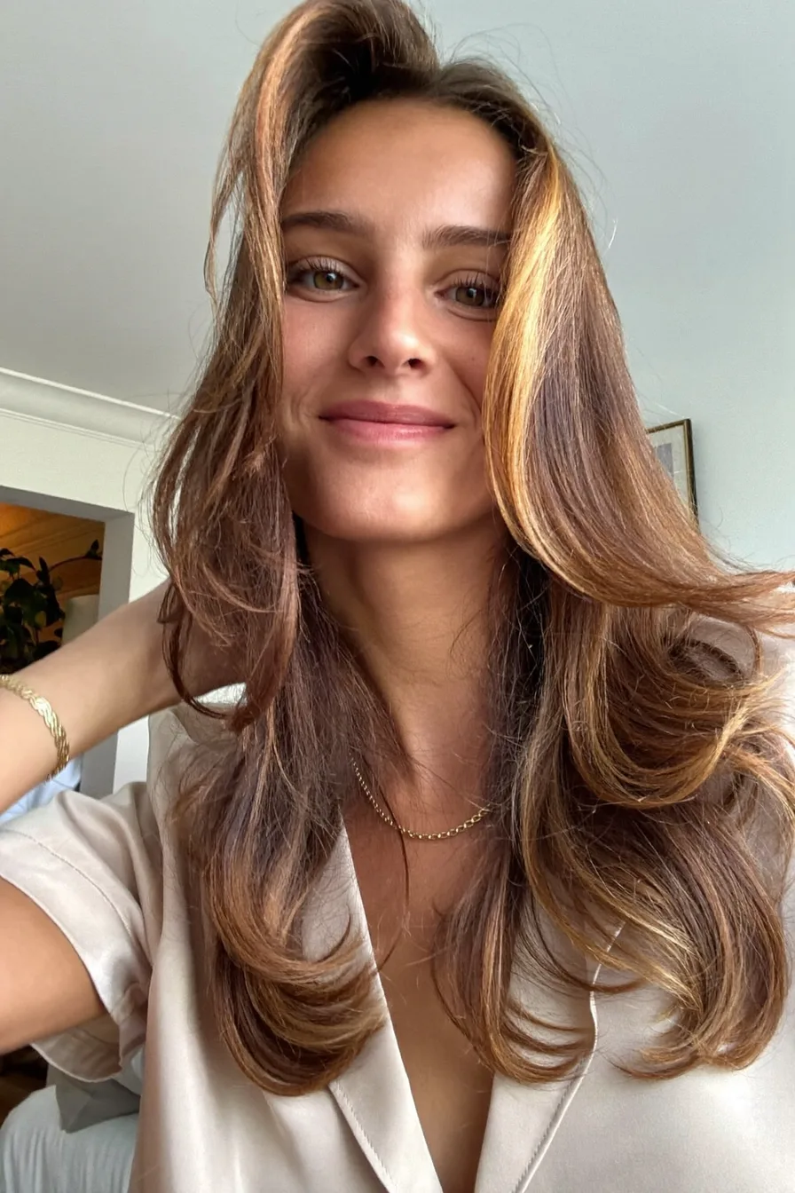 Soft Caramel Brown Long Layered Hair with Face-Framing Layers