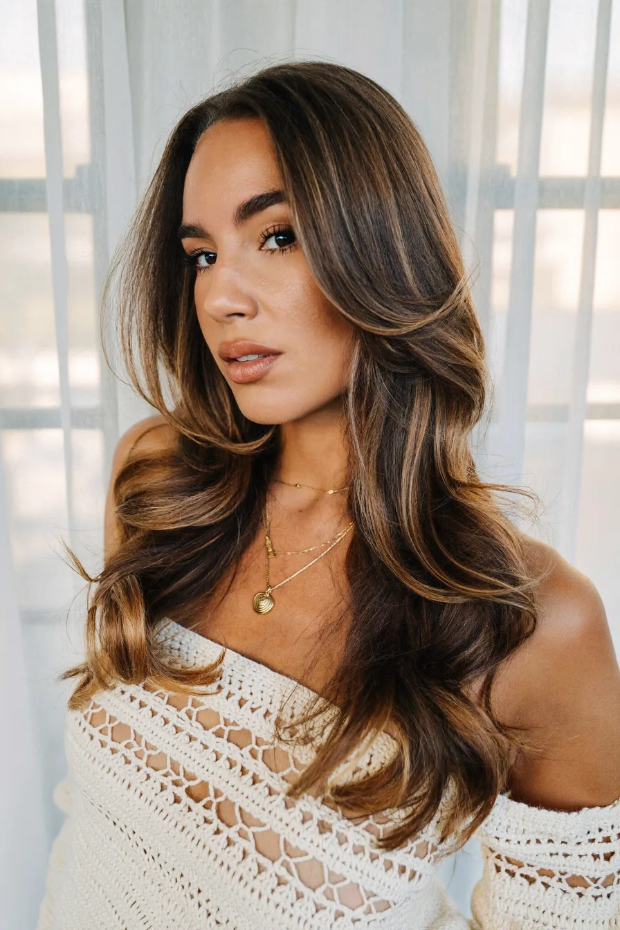 Caramel Brown Long Layered Hair with Face-Framing Waves