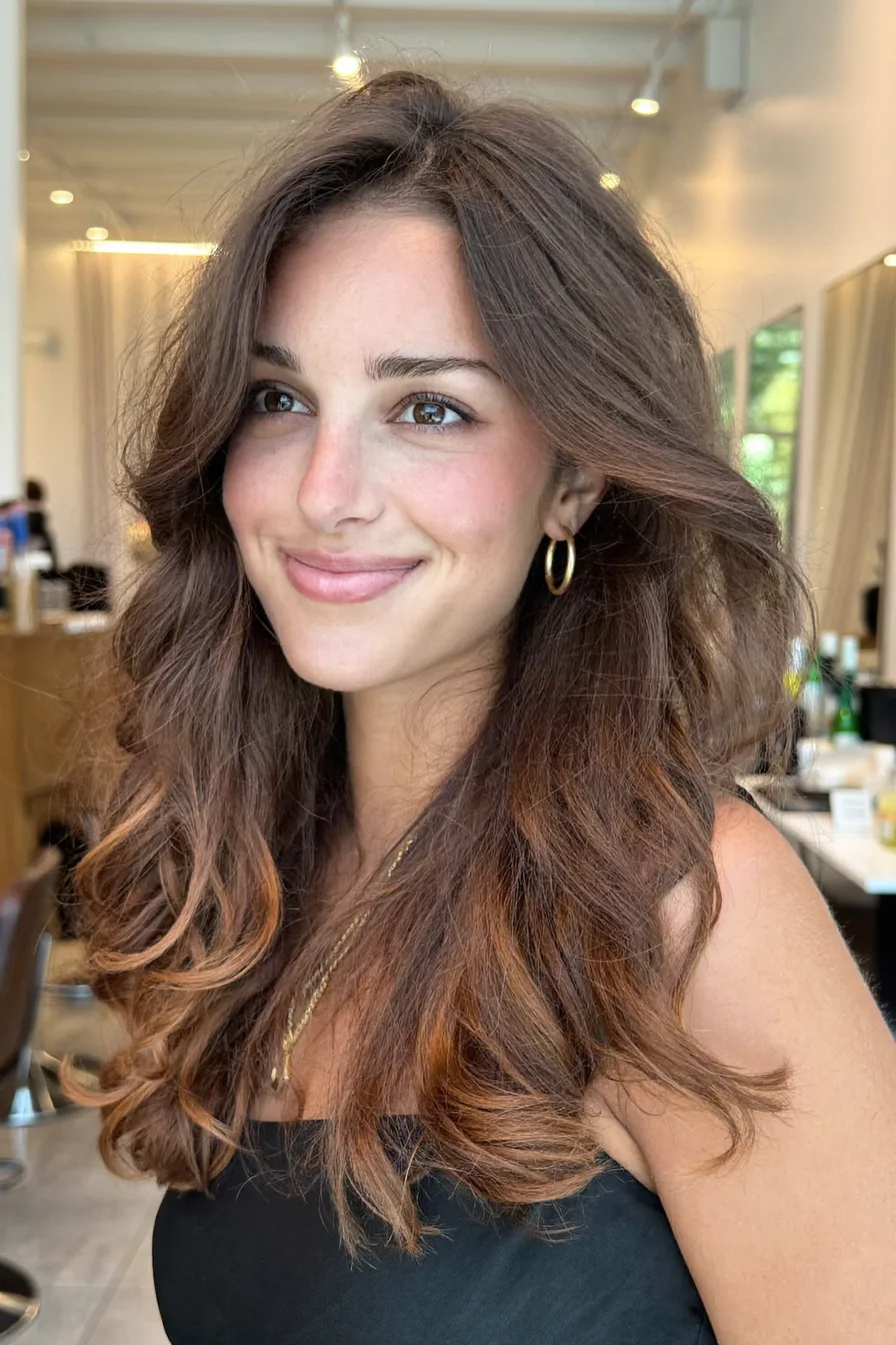 Soft Caramel Brown Long Layered Haircut With Breezy Waves