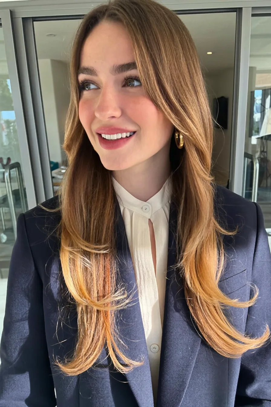 Chic Caramel Brown Long Layered Cut with Polished Face-Framing