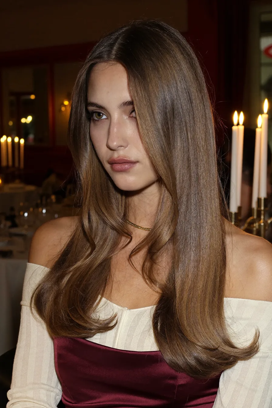 Glossy Caramel Brown Long Layered Style With Sleek Finish