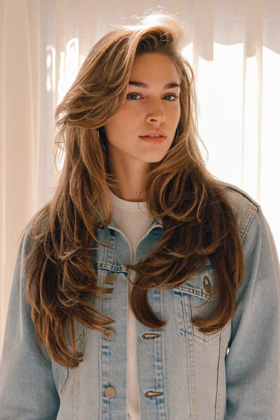 Softly Volumized Caramel Brown Long Layered Blowout Hairstyle