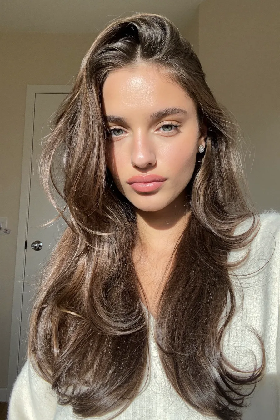 Long Voluminous Warm Brown Hair with Feathered Layers and Side Part