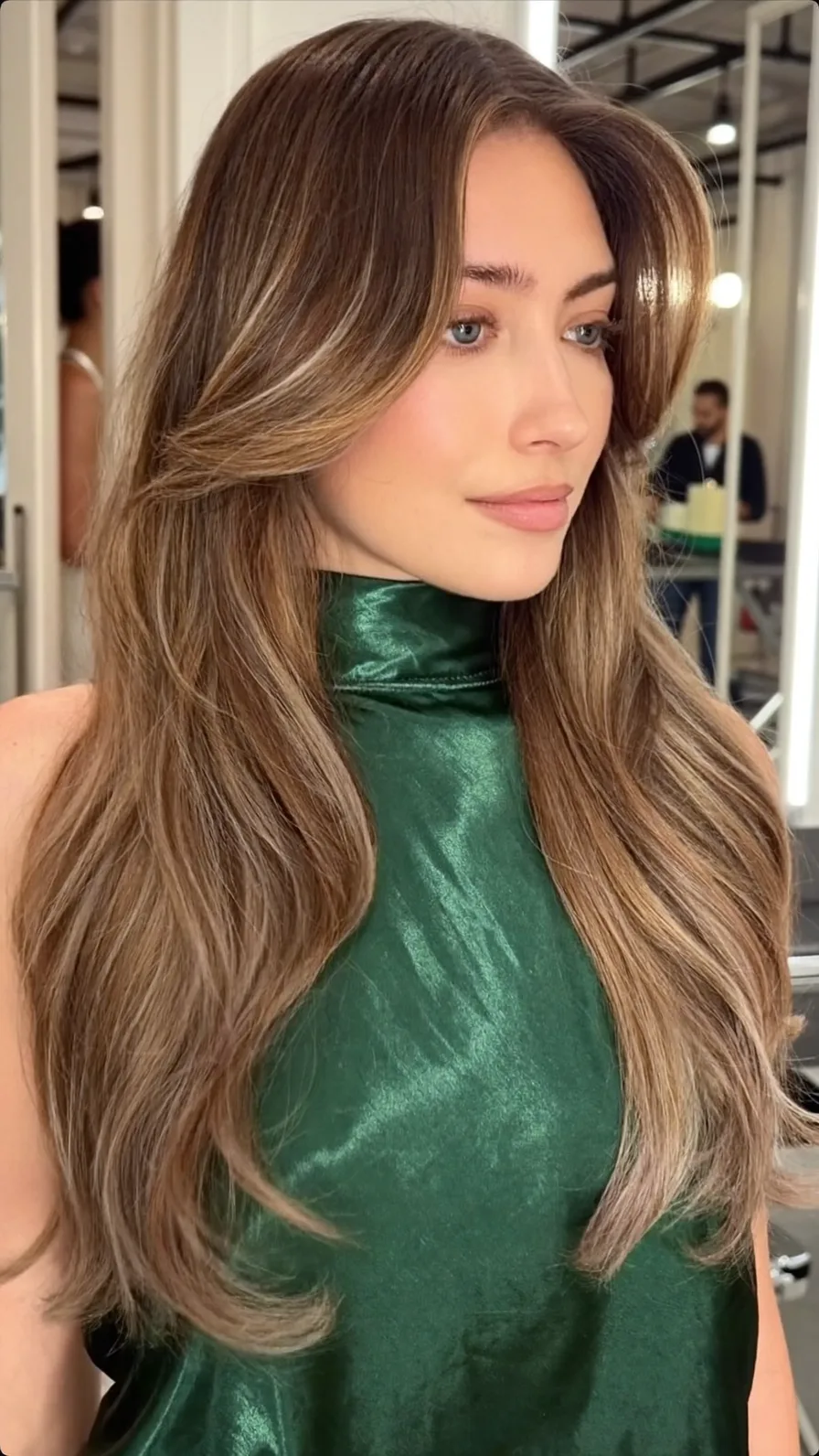 Modern Long Layered Hair with Caramel Balayage Highlights